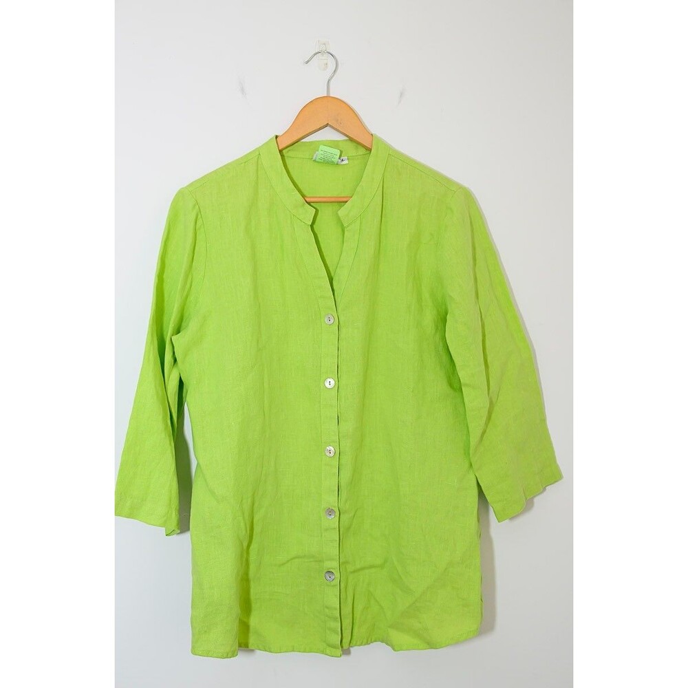 Hot Cotton Top L Linen green Button down Shirt
